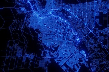 Street map of Ciudad Juarez (Mexico) made with blue illumination and glow effect. Top view on roads network - obrazy, fototapety, plakaty