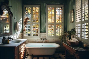 Vintage bathroom with a spacious window and abundant sunlight. - obrazy, fototapety, plakaty