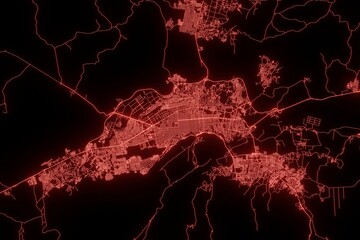 Street map of Barquisimeto (Venezuela) made with red illumination and glow effect. Top view on roads network. 3d render, illustration