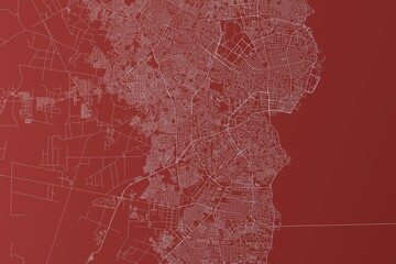 Map of the streets of Maracaibo (Venezuela) made with white lines on red background. Top view. 3d render, illustration