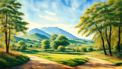 watercolor landscape with trees. Illustration, AI Generated