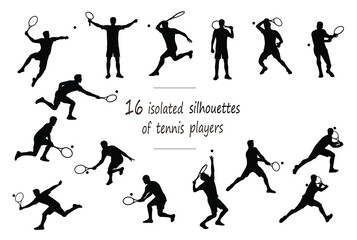 16 silhouettes of tennis player with ball in polo shirt in motion: standing, running, rushing, jumping, serving, receiving