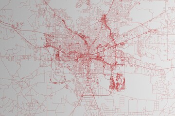 Obraz premium Map of the streets of Tallahassee (Florida, USA) made with red lines on white paper. 3d render, illustration