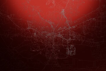 Street map of Tallahassee (Florida, USA) engraved on red metal background. Light is coming from top. 3d render, illustration