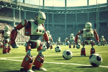 Robots playing a soccer game on the green field.