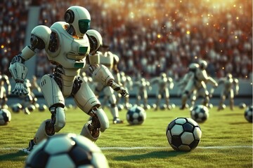 Fototapeta premium Robots playing a soccer game on the green field.