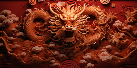 Traditional new year red background greeting with dragon, Golden dragon on a red background, 

