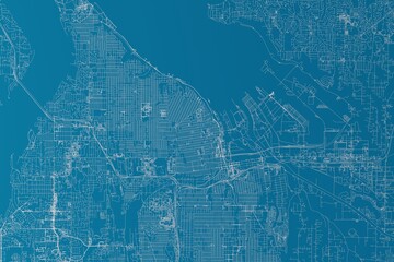 Map of the streets of Tacoma (Washington, USA) made with white lines on blue background. 3d render, illustration - obrazy, fototapety, plakaty