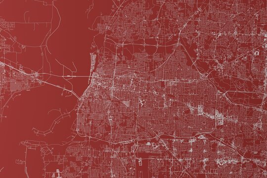 Map of the streets of Memphis (Tennessee, USA) made with white lines on red background. Top view. 3d render, illustration