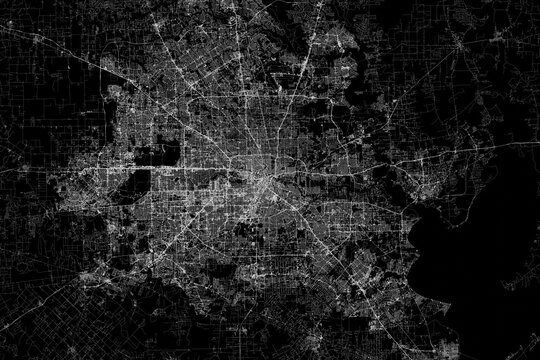 Stylized map of the streets of Houston (Texas, USA) made with white lines on black background. Top view. 3d render, illustration