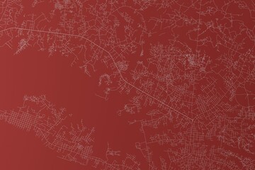 Map of the streets of Monrovia (Liberia) made with white lines on red background. Top view. 3d render, illustration