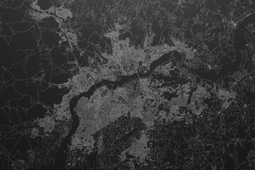 Street map of Bamako (Mali) on black paper with light coming from top