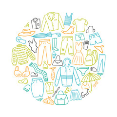 Round vector illustration of a collection of different clothes, hand-drawn in the style of doodles