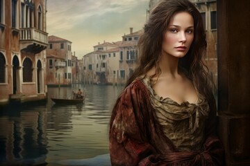 Fototapeta premium Serene Woman old venice. Street person. Generate Ai