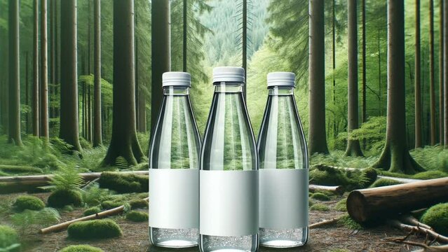 Glass bottles with clean water and a blank white label on a forest background.