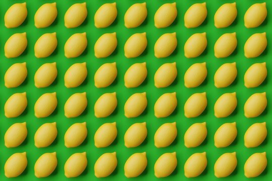Many lemons on green background. Top flat view, disorder and grid, diagonal. 3d render, illustration