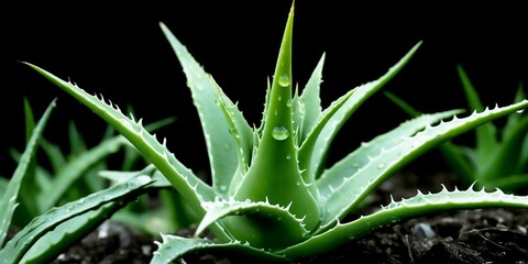 Fototapeta premium a small green aloe vera with water droplets in a pot.