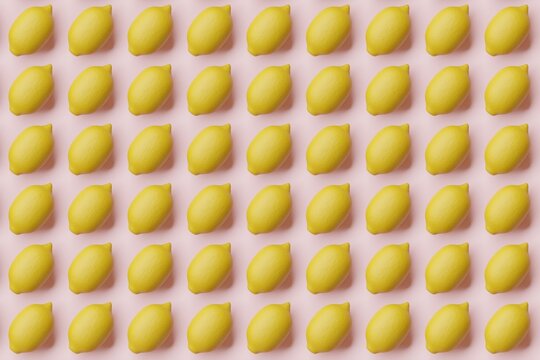 Many lemons on pink background. Top flat view, disorder and grid, diagonal. 3d render, illustration