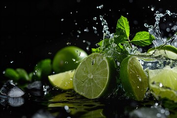 Mojito cocktail with liquid splashes, refreshing mint leaves.