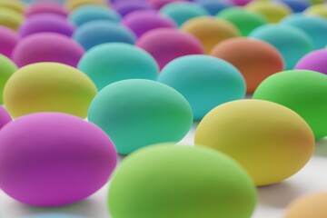 Many colorful eggs on white background. Closeup view, macro shot, selective focusmacro shot. 3d render, illustration
