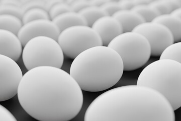 Many white eggs on black background. Closeup view, macro shot, selective focuscloseup shot. 3d render, illustration