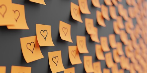 Many orange stickers on black board background with heart symbol drawn on them. Closeup view with narrow depth of field and selective focus. 3d render, Illustration