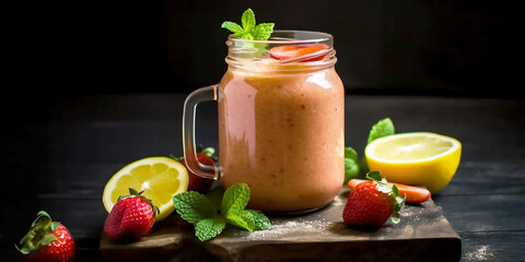 AI-generated illustration of a refreshing smoothie in a glass jar surrounded by fruits.