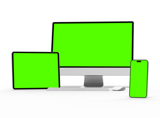 3D Render of smartphone tablet desktop with green screens on a light background