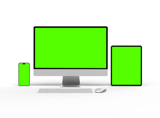 3D Render of smartphone tablet desktop with green screens on a light background