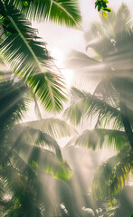 Tropical palms and morning sunrays coming through the trees and haze, summer wallpaper background