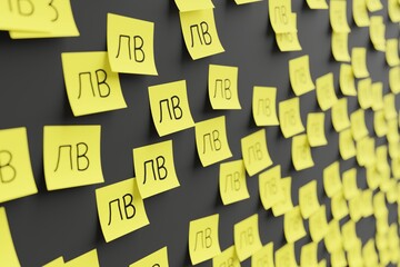 Many yellow stickers on black board background with symbol of Bulgaria lev drawn on them. Closeup view with narrow depth of field and selective focus. 3d render, illustration