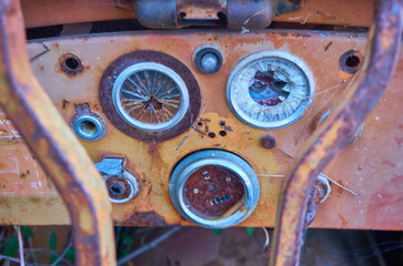 Rustic Control Panel: Abandoned Excavator's Weathered Console