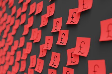 Many red stickers on black board background with symbol of Lebanon pound drawn on them. Closeup view with narrow depth of field and selective focus. 3d render, illustration