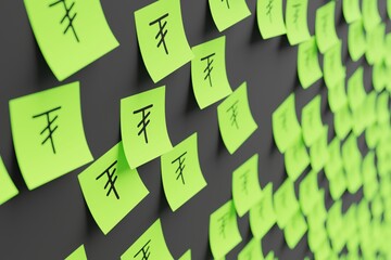 Many green stickers on black board background with symbol of Mongolia tugrik drawn on them. Closeup view with narrow depth of field and selective focus. 3d render, illustration