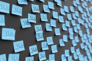 Many blue stickers on black board background with symbol of Oman rial drawn on them. Closeup view with narrow depth of field and selective focus. 3d render, illustration
