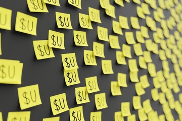 Many yellow stickers on black board background with symbol of Uruguay peso drawn on them. Closeup view with narrow depth of field and selective focus. 3d render, illustration