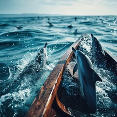 Fototapeta premium A group of dolphins approaching humans while on a wooden boat, the beauty of the natural area is stunning to the eye, good for blogs, business, advertising, traveling, etc. Generative Ai
