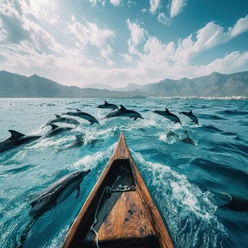 A group of dolphins approaching humans while on a wooden boat, the beauty of the natural area is stunning to the eye, good for blogs, business, advertising, traveling, etc. Generative Ai