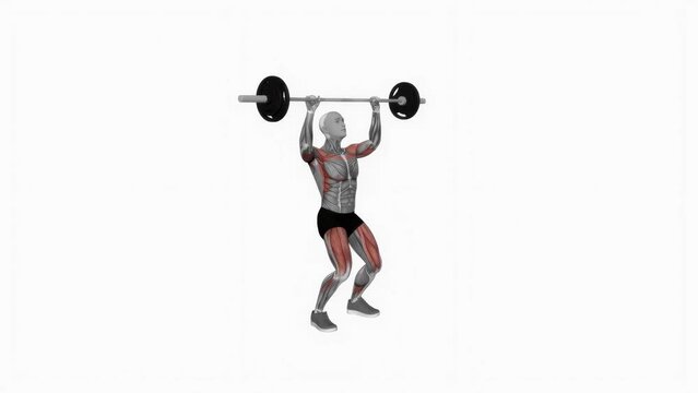 Animation of a muscle man exercising Barbell Thruster powerlifting fitness workout
