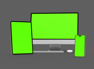 3D Render of smartphone tablet desktop with green screens on a dark background