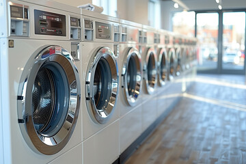 Washing Machines : Modern Laundromat Interior with Row of Washing Machines. Clean and Bright Self-service Laundry Facility, Urban Daily Life Concept. - obrazy, fototapety, plakaty