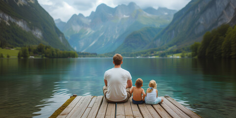 Family : Back view of father and two children sitting together on jetty, Enjoying the mountain view from a wooden pier. Family bonding concept