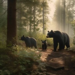 AI generated image of mama bear and cubs walking in forest