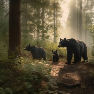 AI Generated Image Of Mama Bear And Cubs Walking In Forest