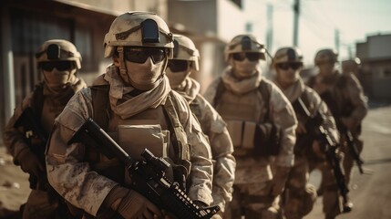 Fototapeta premium AI generated group of military soldiers walking in street with firearms