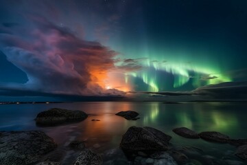 AI generated illustration of stunning spectacular Northern Lights illuminating night sky over lake - obrazy, fototapety, plakaty