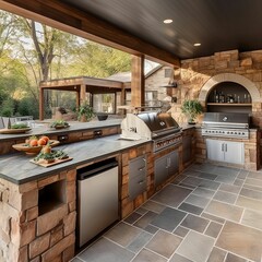 AI generated illustration of an outdoor kitchen with a stainless oven, gas grill, sink, refrigerator