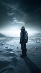 AI generated illustration of an astronaut standing in a wintery landscape
