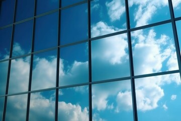 Fototapeta na wymiar AI generated illustration of glass windows of a modern building reflecting the blue cloudy sky