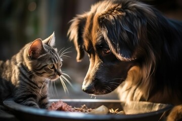 AI generated illustration of a tabby cat and a brown dog eating together from a bowl